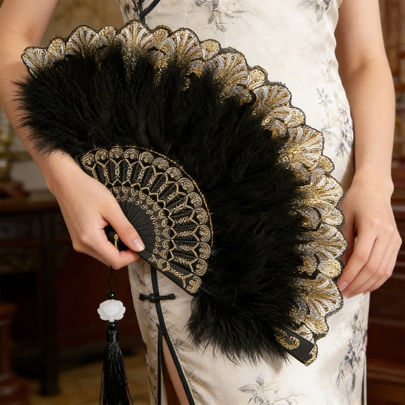 Elegant Feather Hand Fan - Gold Embroidered Lace Folding Fan with Tassel, Vintage Gothic Fan for Party, Performance, Photo Props - Black