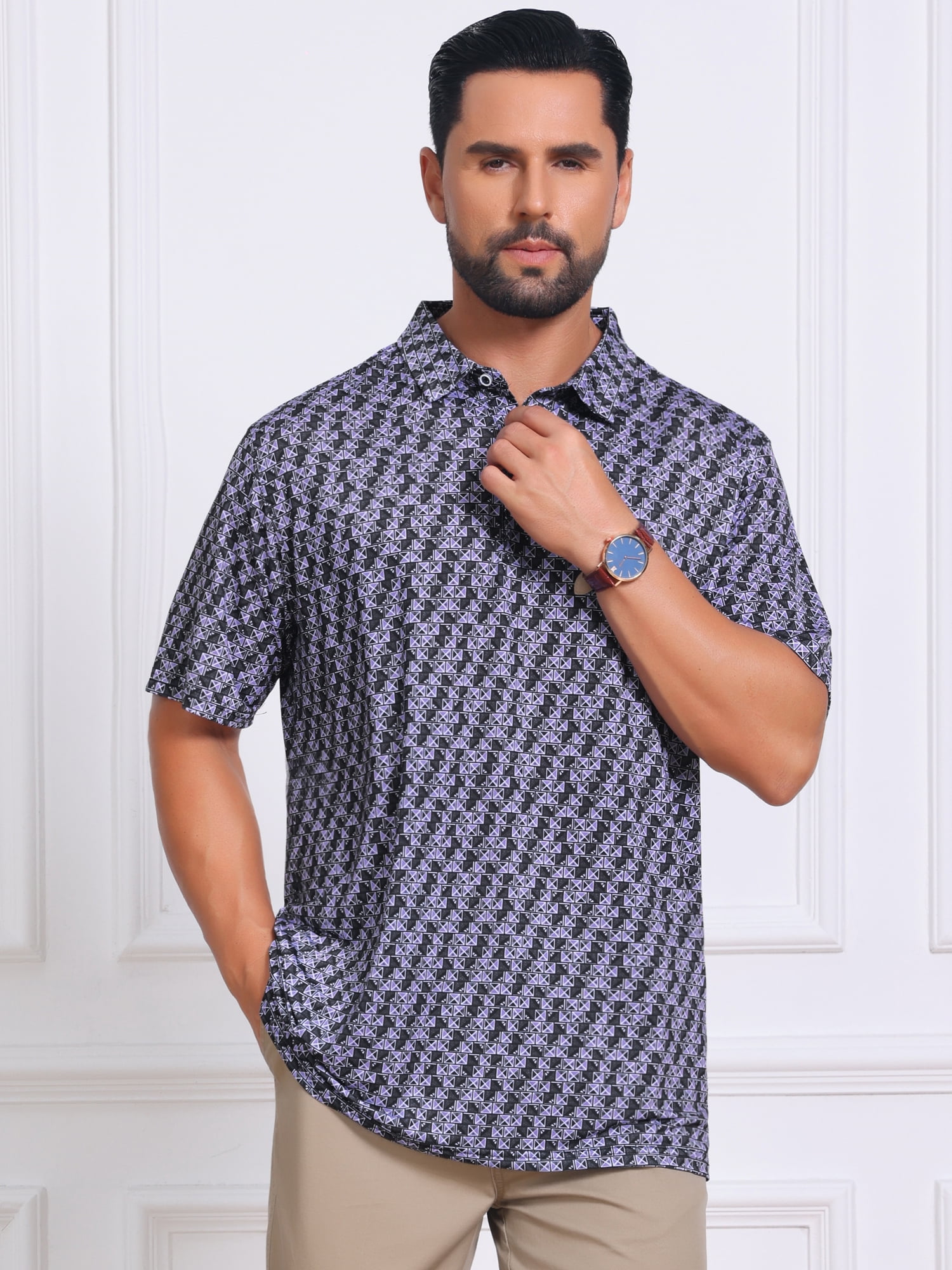 DARING DIVA Men's Printed Short Sleeve Lightweight Breathable Polo Shirts S Dark Purple