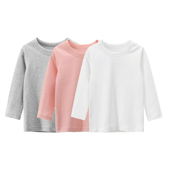 Bellafa Toddler and Little Girls 3-Pack Long Sleeve Crew neck T-Shirts Multicolor Cotton Tops Shirt 2-8 Years Pink Gray White