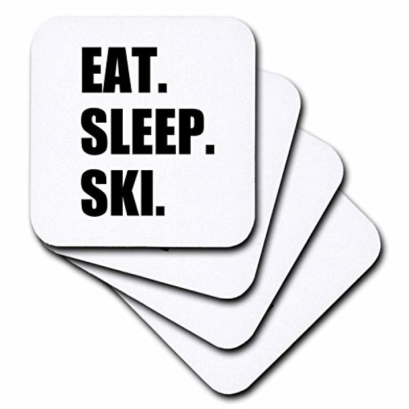 3dRose Eat Sleep Ski skiing enthusiast passionate skier sport black text, Ceramic Tile Coasters, set of 4 by 3dRose