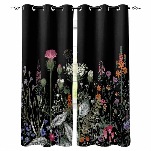 Fsddascl Spring Floral Blackout Curtains for Bedroom/Living Room, Thermal Insulated Kitchen Curtains, Black Farmhouse Botanical Watercolor Grommet Darkening Window Treatment Drapes 52"x72"x2
