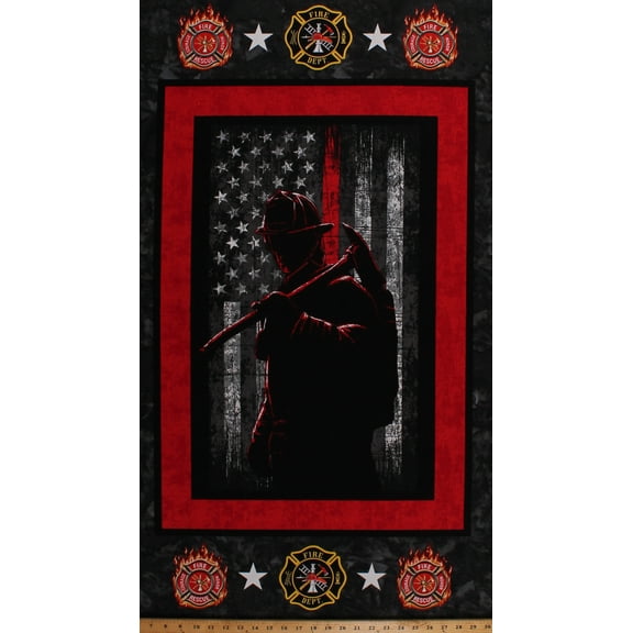 23.5" X 43" Panel Firefighters Fireman Firefighting Fire Station Flag Fire Department Emblem Heroes Rescue Red Black Cotton Fabric Panel (1195-FF)