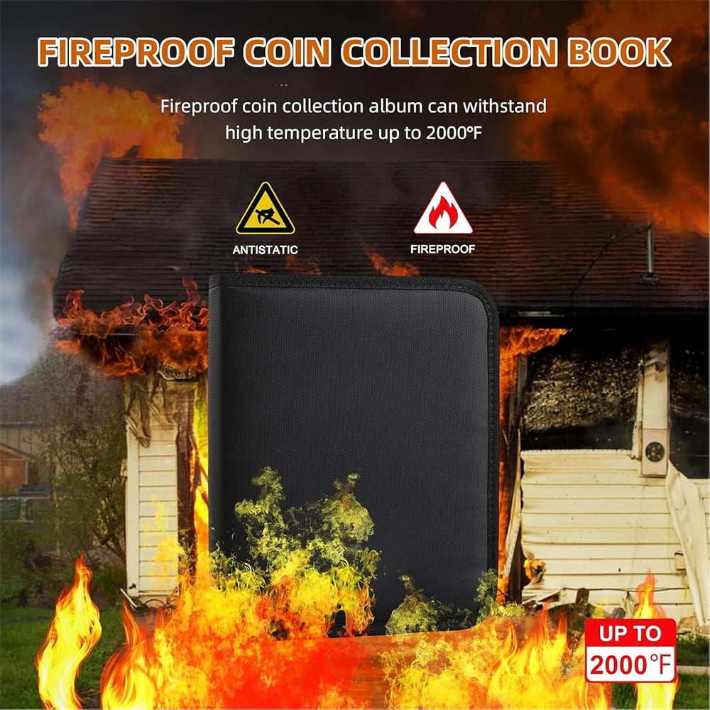 NOGIS Fireproof Coin Collection Book Holders for Collectors, 360 Pockets Coin Organizer Sleeves Coin Album & 36 Currency Sleeves Album Money Holder Coin Storage Case for Coin Collection