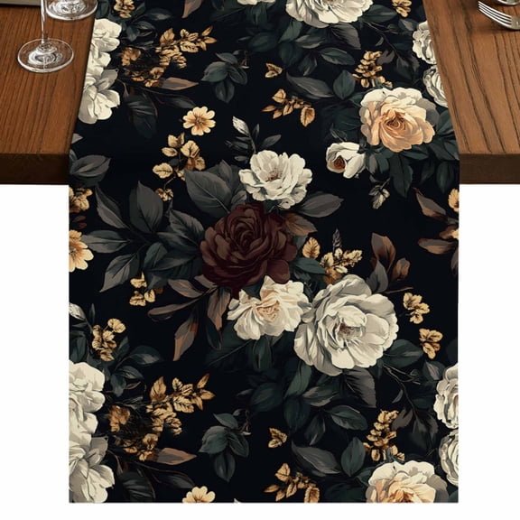 Vintage Black Floral 70 Inch Table Runner, Spring Seasonal Botanical Blooms Farmhouse Dresser Scarf Cotton & Linen Tablerunner for Dining/Kitchen Island/Holiday Party Décor 13" x 70"