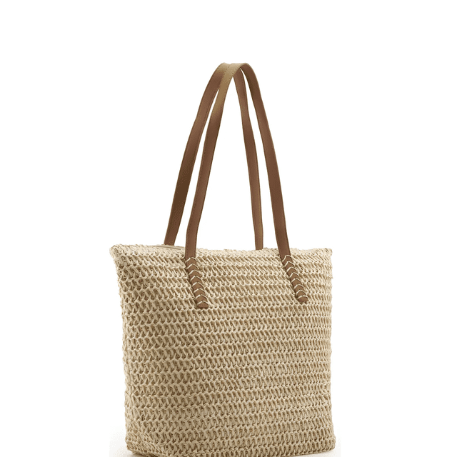 Tote Bag de Paja con Cierre y Bolsillo Interno, Bolsa Casual para Mujer, Playa, Compras y Oficina Xtellar beige