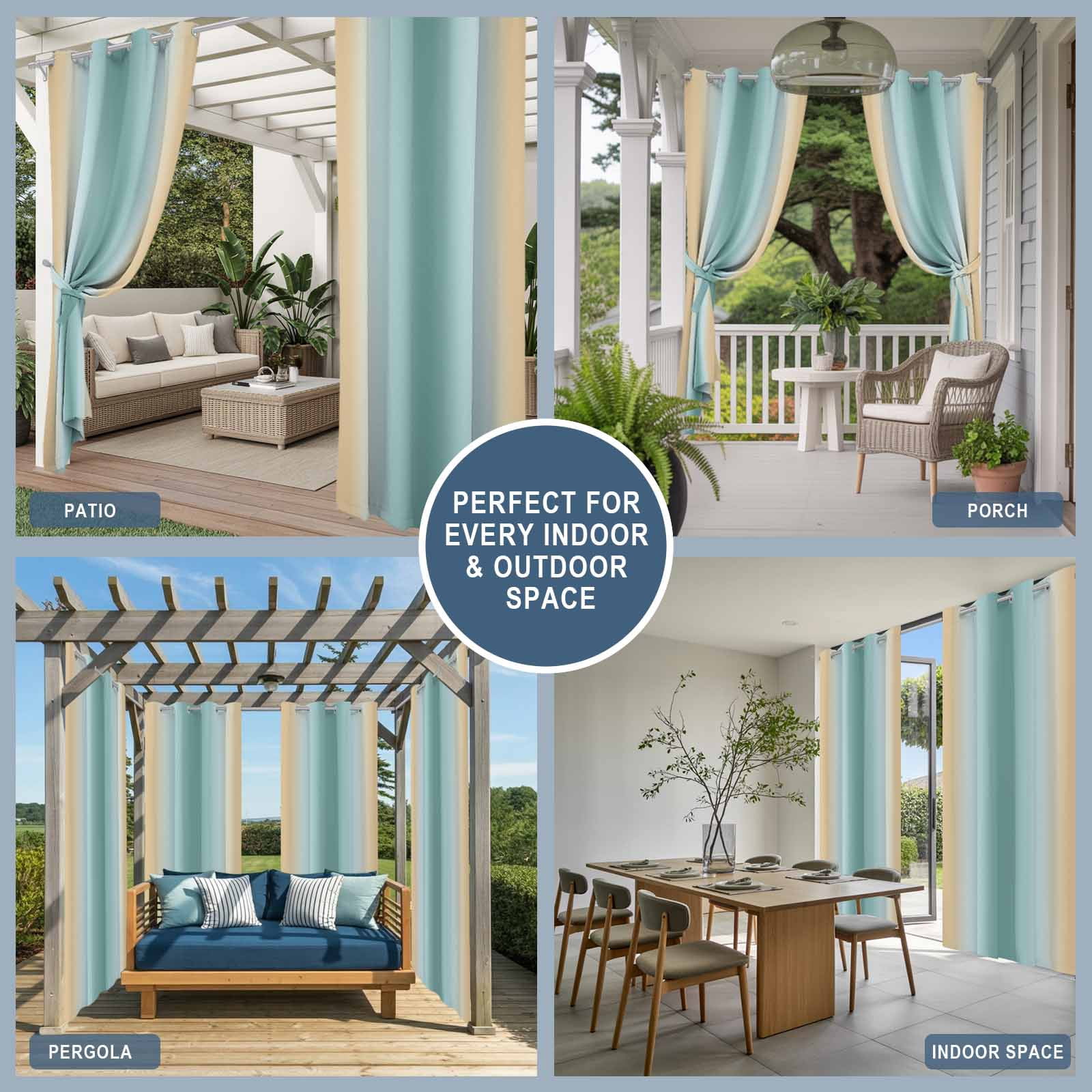 1 Panel Outdoor Curtains for Patio Waterproof 54"x95" Teal Yellow Ombre Weatherproof Privacy Outsides Curtains, Farmhouse Modern Gradient Art Grommet Thermal Drapes for Cabana Porch Pergola