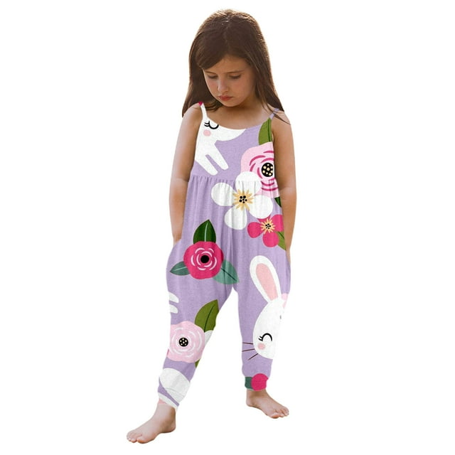 MIASHUI Combinaison Imprimée de Pâques pour Filles Tenue de Vacances de Printemps avec Lapin Pyjama une Pièce pour Tout-Petits Enfants Violet, 3-4 Ans