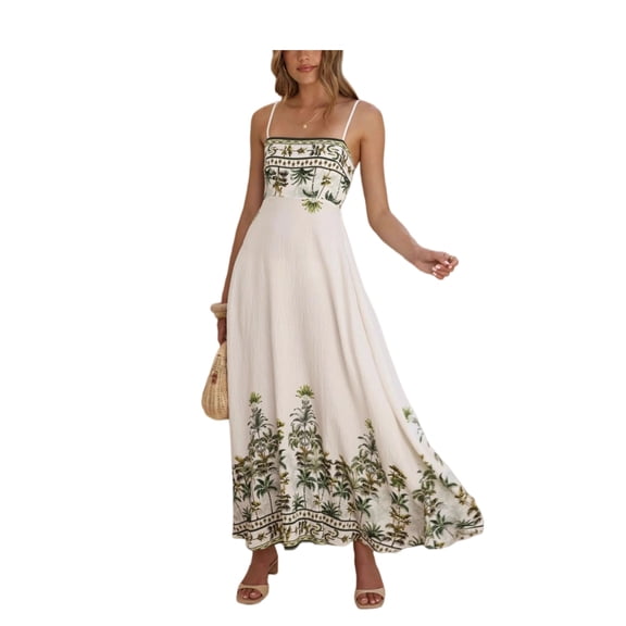 Women's Floral Print Backless Maxi Dress Spaghetti Strap Sleeveless Summer Dress
