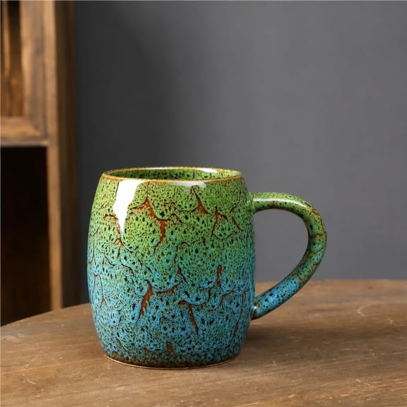 21oz Large ceramic Mug, Big Ceramic Cup, Durable and Heavy Microwave and Dishwasher Safe Pottery Coffee Mug with Handle, Reactive Stoneware Clay coffee mug (Blue and Green)