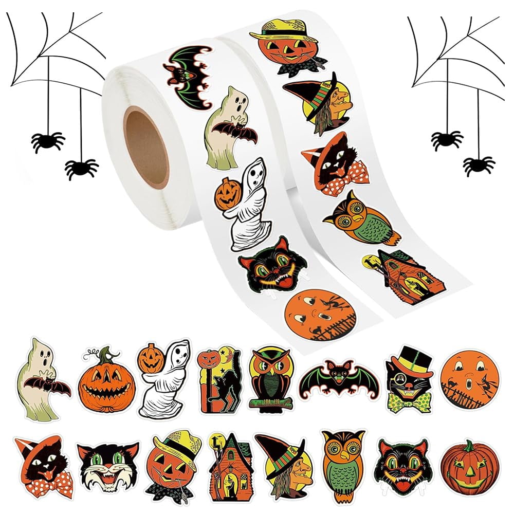 1000pcs Halloween Stickers, 1.2 Inch Vintage Style Pumpkin, Ghost, Owl, Bat 16 Designs, for Halloween Party Treat Bags, Holiday Decorations