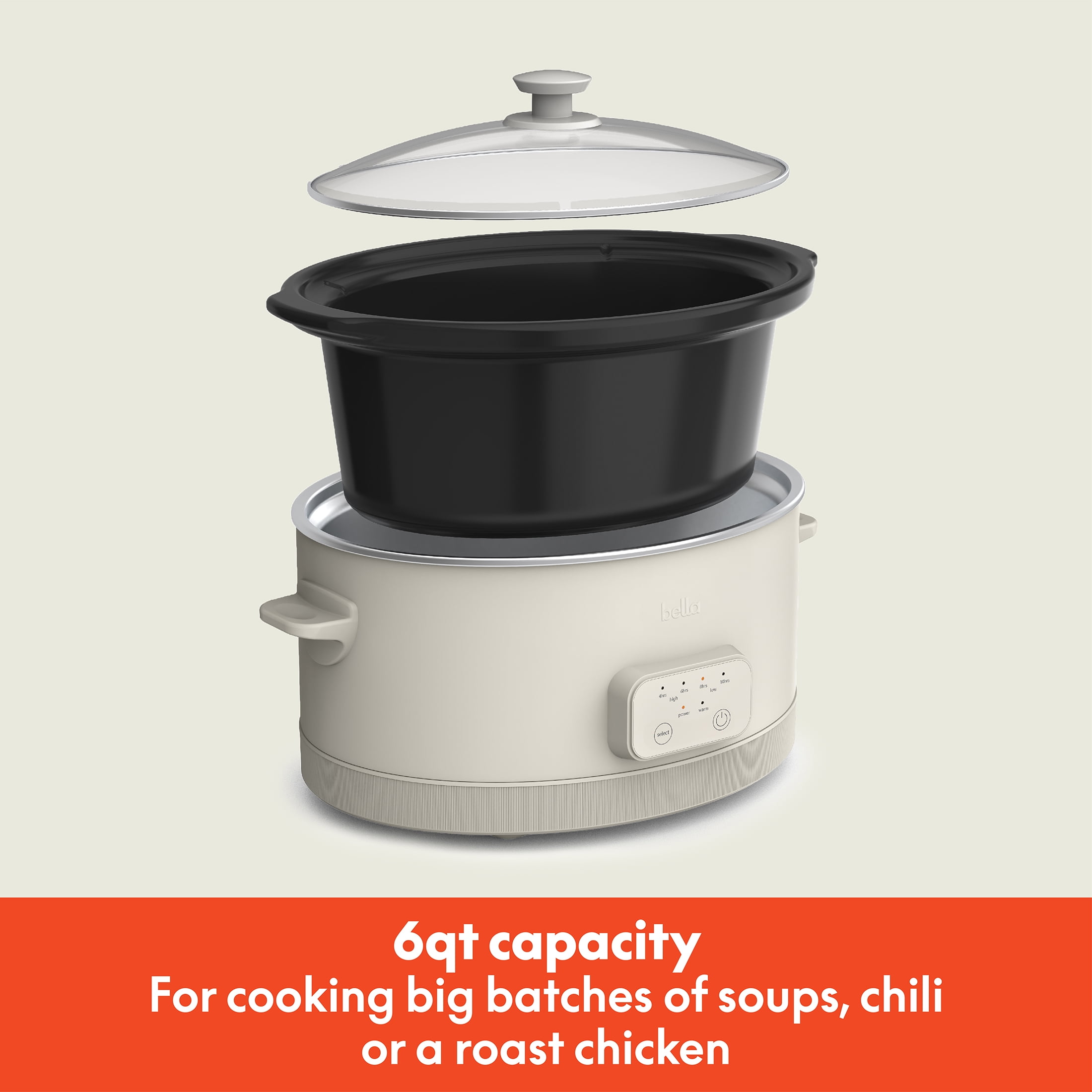 bella 6 Qt Digital Programmable Slow Cooker with Ceramic Nonstick Coating, Adjustable Temperature & Cooking Time, Dishwasher Safe Pot & Tempered Glass Lid, Oatmilk