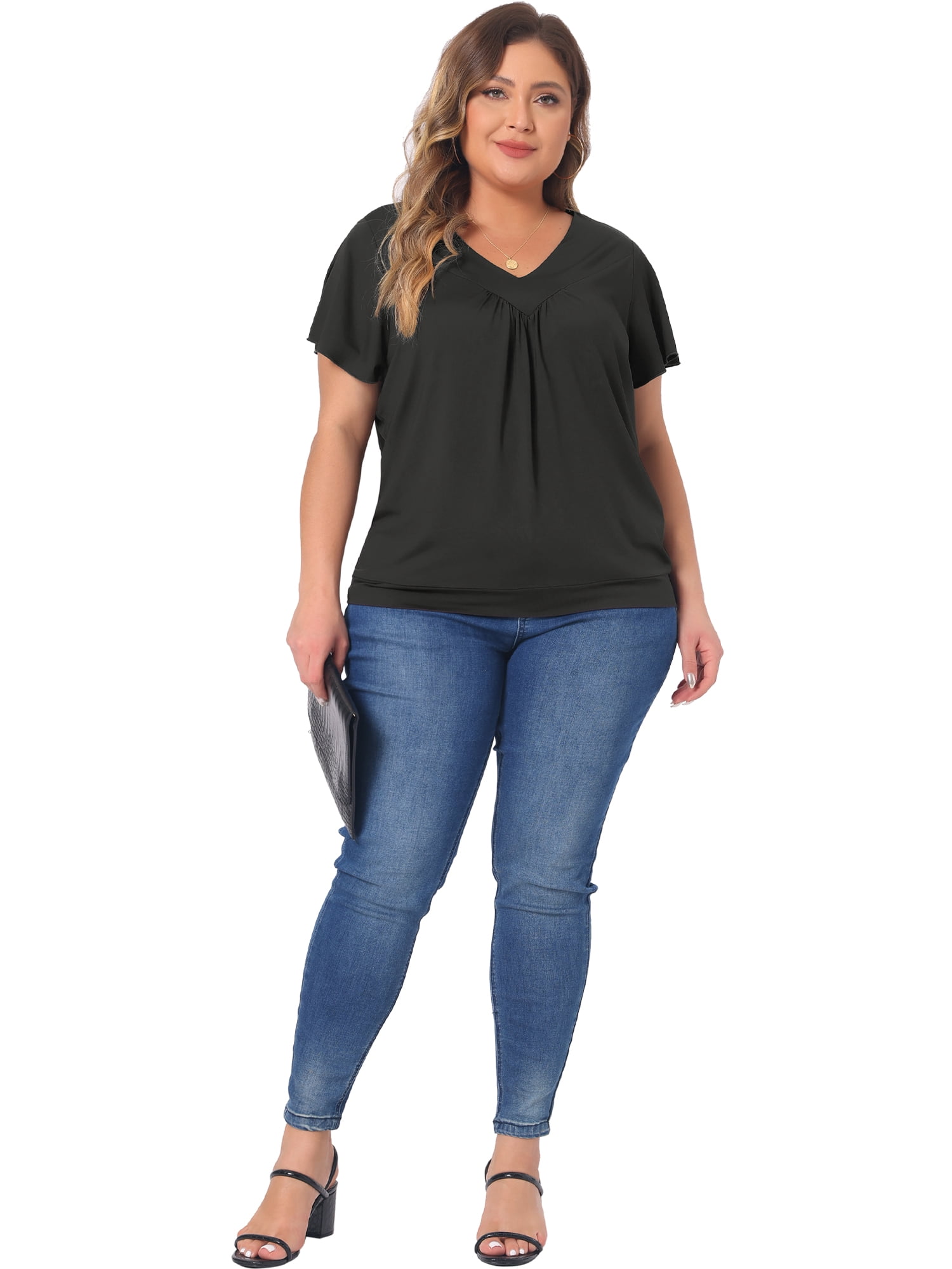 DARING DIVA Women's Plus V Neck Ruffle T Shirt Tee Tops 3X Black