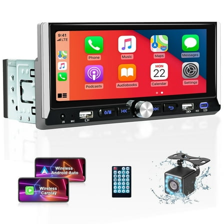 Wireless Single Din Car Stereo, 6.9" Touchscreen Car Audio Receiver, Apple Carplay & Android Auto, Bluetooth, Type-C/USB Fast Charging, Rear Camera