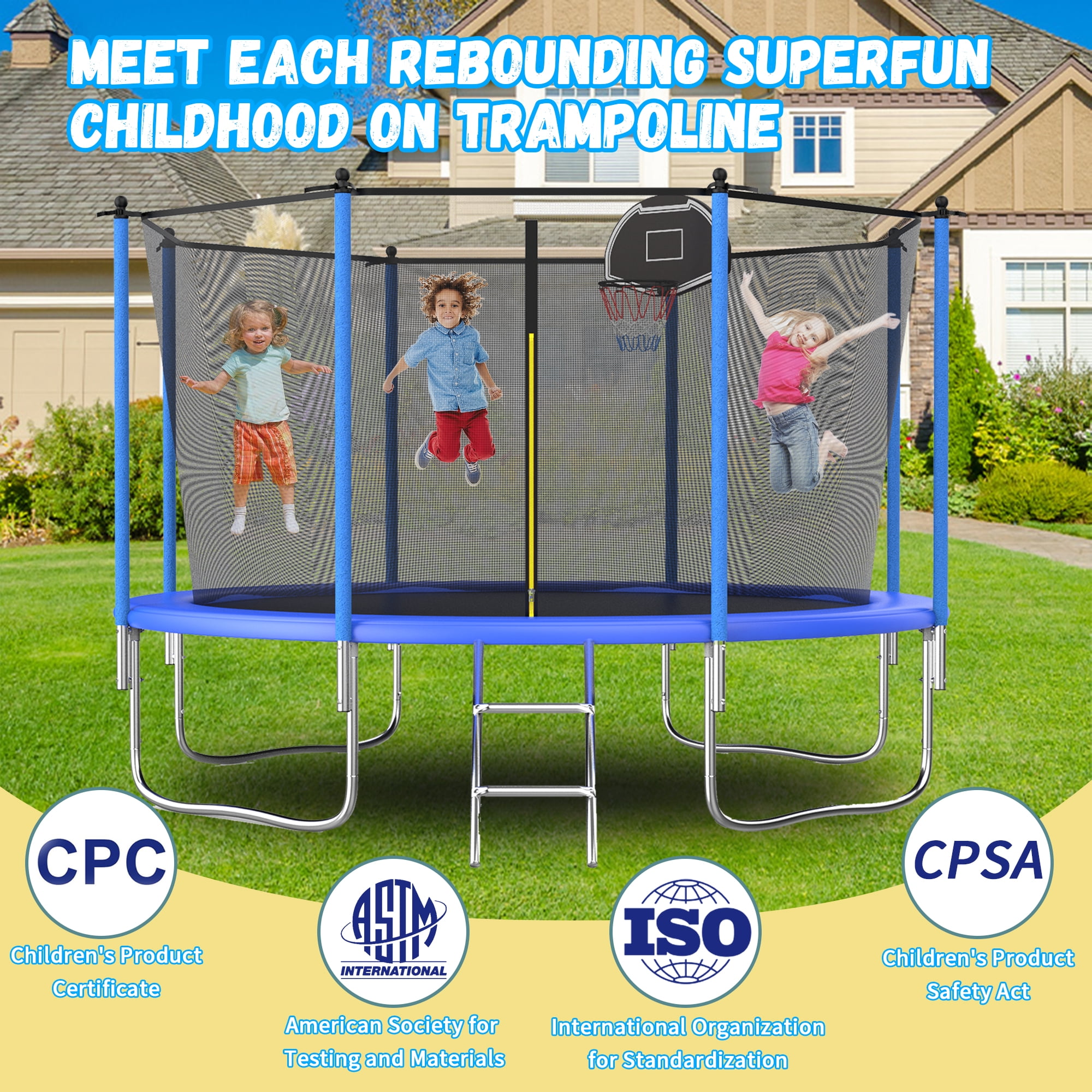 Shengchao Trade 1000LBS 10FT Trampoline for Adults and Kids,Trampoline with Enclosure,Basketball Hoop, Recreational Trampoline with Ladder, Heavy Duty Trampoline Capacity for 4-6 Kids