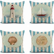 Set of 4 Linen Throw Pillow Covers 18x18 Inch Blue White Nice Lighthouse Sail Boat Sea Shell Sand Dollar Home Decor Pillowcase Square Cushion Cover for Sofa Bed Couch