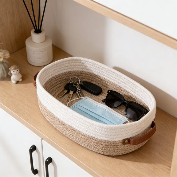 Eespoir Weaving Storage Basket, Natural Fiber Decorative Basket, Toilet Tank Top Organizer, for Bathroom, Table, Counter, Remote Control, Magazines, Tidying(B)