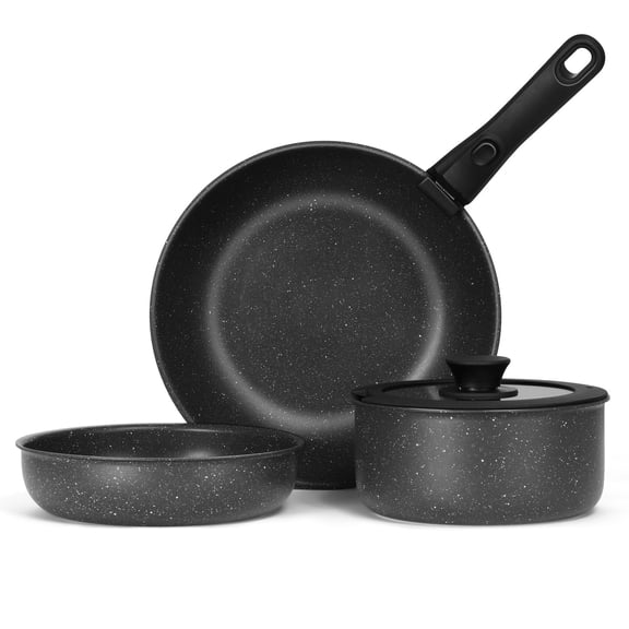 Walchoice 5Pcs Pots and Pans Set, Granite Nonstick Cookware Set with Detachable Handle, Stackable Kitchen Cooking Set with Saucepan Frying Pans, Induction Compatible & Oven Safe - Black