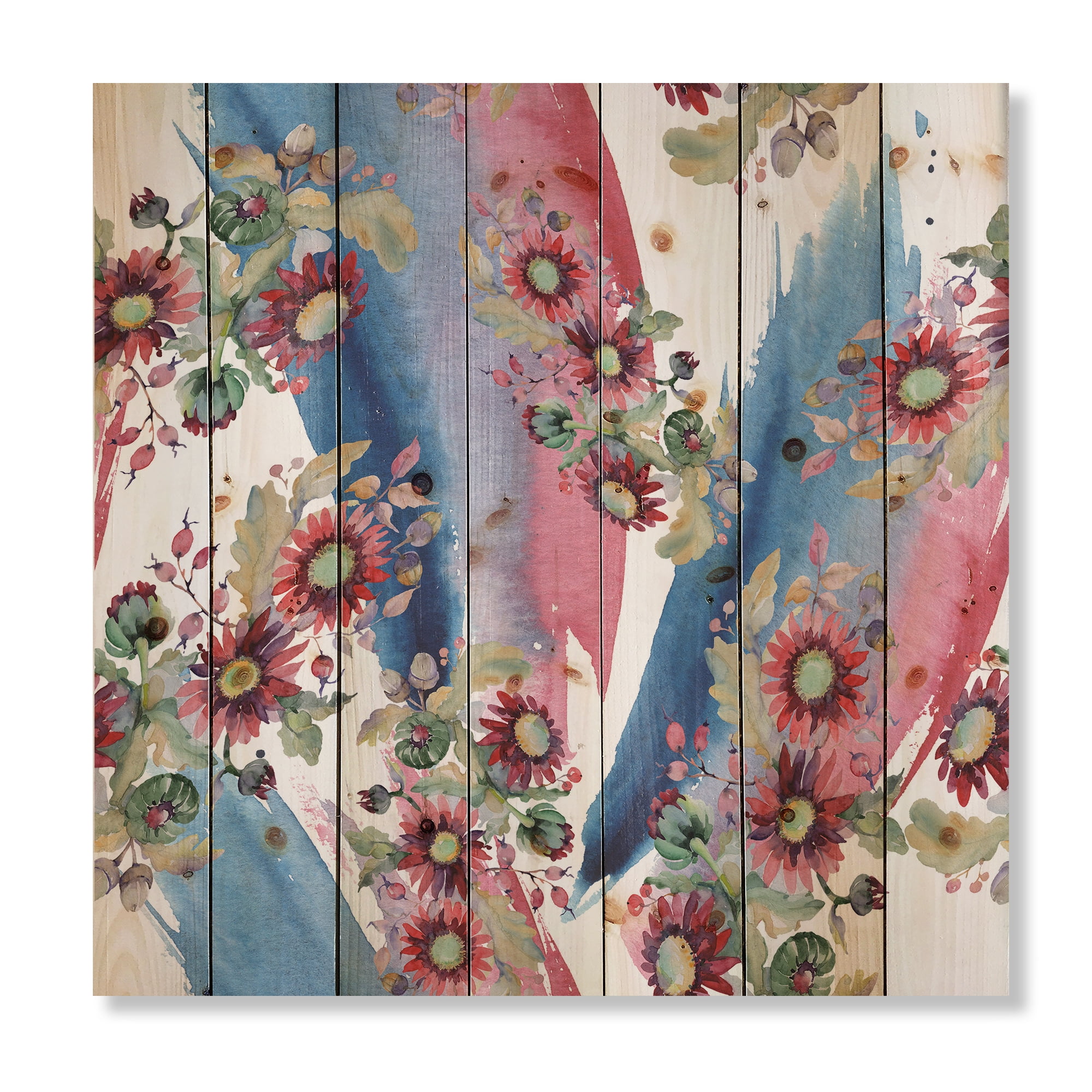 Designart 'Acorn Bouquet and Red Aster' Modern Print on Natural Pine Wood