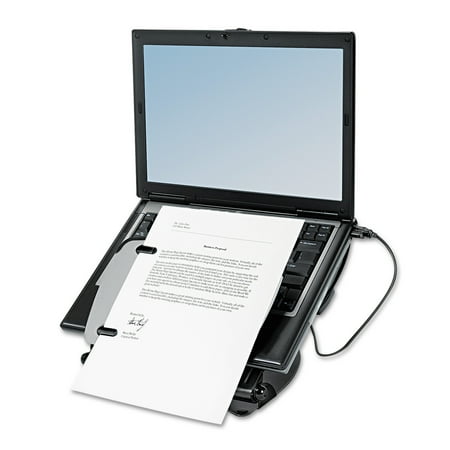 Fellowes Adjustable Monitor - Fellowes Adjustable Laptop Riser with Four-Port USB Hub, 12 1/8 x 13 3/8 x 3, Black/Gray