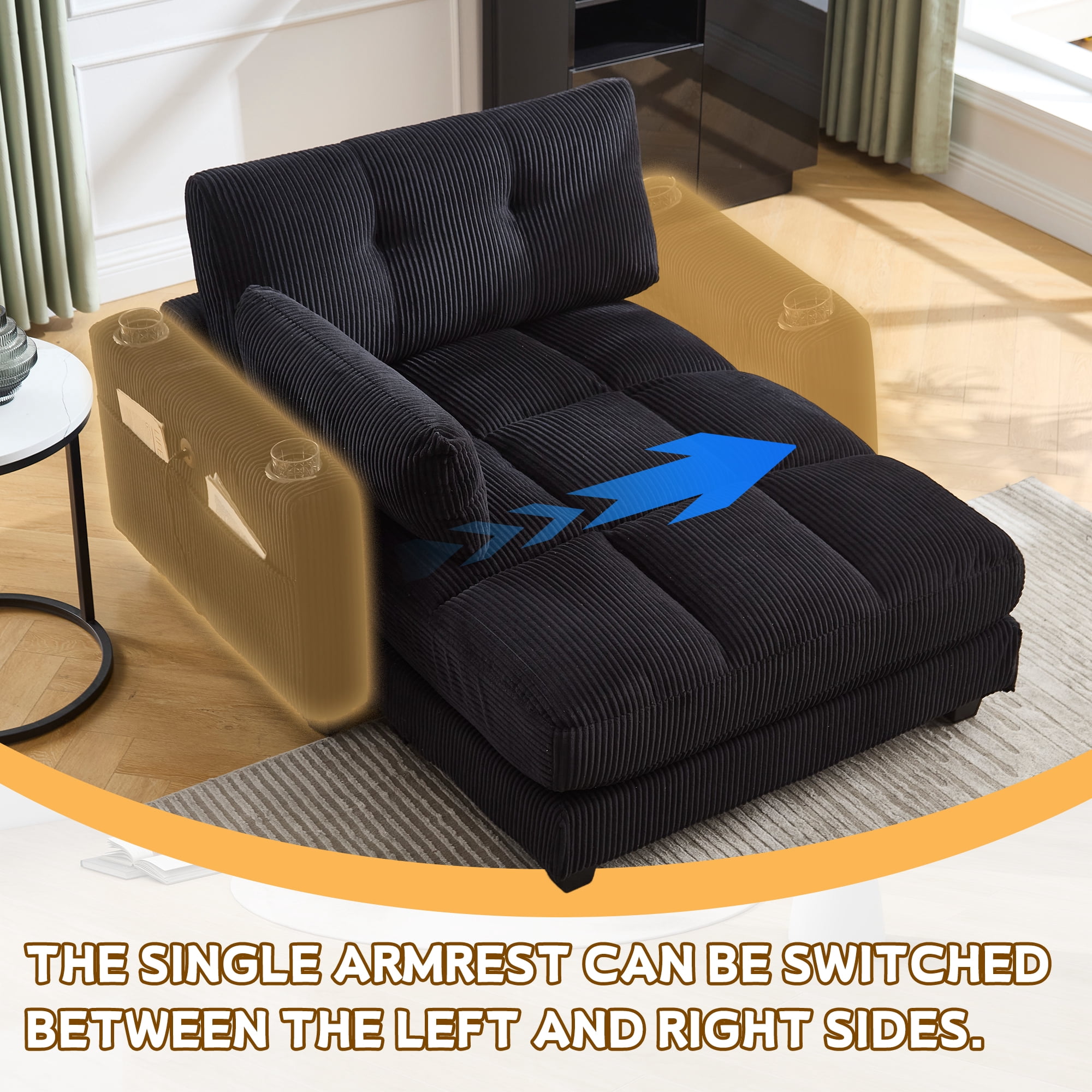 MOONMISS Corduroy Upholstered Soft Deep Seat Sofa with USB,Type-C&2 Cup Holders-Black