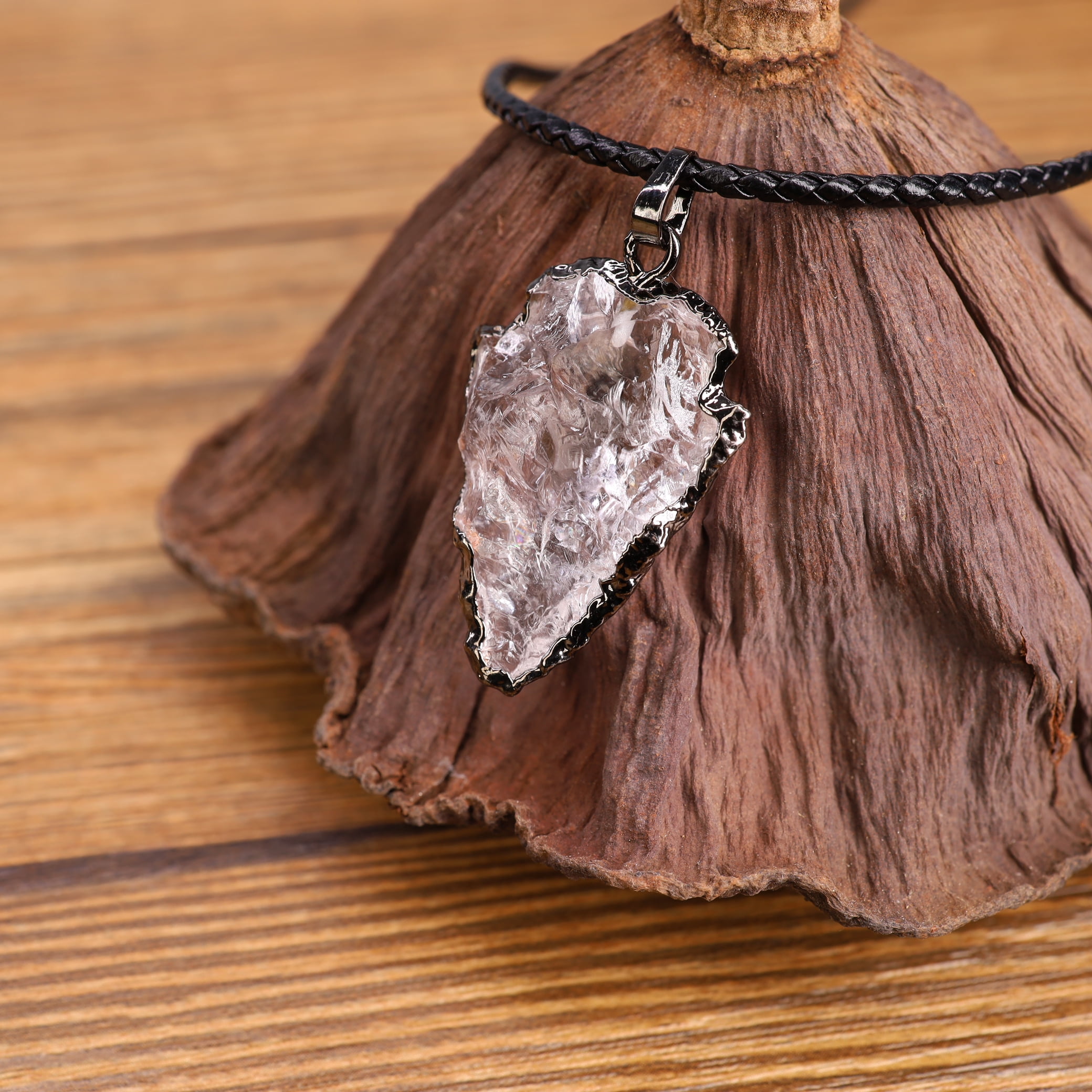 COAI Unisex Leather Cord Raw Clear Quartz Crystal Arrowhead Pendant Necklace