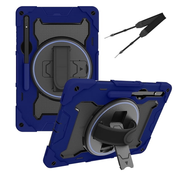 3in1 Rotating Stand Case for Samsung Galaxy Tab S8 Ultra 14.6 inch SM-X900 with Hand/Shoulder Strap, Shockproof Rugged, Navy Blue