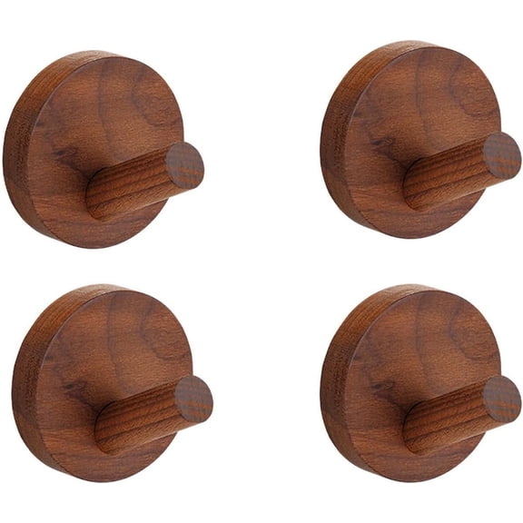 Adhesive Wooden Coat Hooks Wall Hooks 4 Pack, Seamless Heavy Duty Hooks,Wall Hangers for Hanging Coat Hat Cap Bag Clothes Towels Hanger (Walnut Wood)