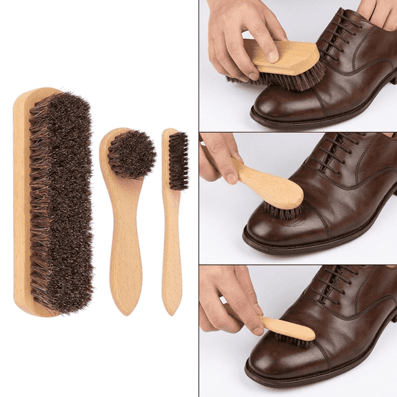 ROSEXIXI 3 Pcs Genuine Horsehair Shoe Brush Set, Soft No-Scratch Wooden Handle Leather Polish Brushes for Shoes Boots Leather Bags Car Interior