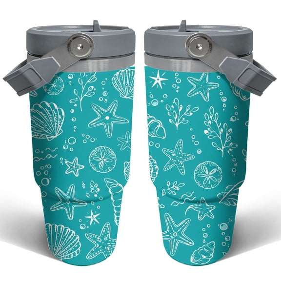 30oz Ocean Seashell Tumbler with Handle and Straw Stainless Steel Insulated Car Cup Travel Coffee Cup Beach Gift