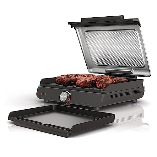 Ninja GR101 Sizzle Smokeless Indoor Grill &amp; Griddle, 14'' Interchangeable Nonstick Grill and Griddle Plates, Dishwasher-Safe Removable Mesh Lid, 500F Max Heat, Even Edge-to-Edge Cookin