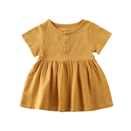 

Xiaoluokaixin Baby GirlS Solid Color Short Sleeve Button Mini Dress 6M-3Y