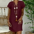 thumbnail image 2 of Dezsed Women's Cotton Linen T Shirt Dress Casual Short Sleeve Knee-Long Dress V Neck Summer Beach Dress with Pockets Wine 5XL, 2 of 7