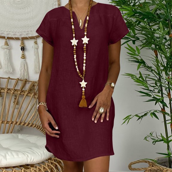 Zyloft Plus Size Dresses for Women Summer Solid-Color Cotton-Linen Blend Short-Sleeve Midi Dress Red M