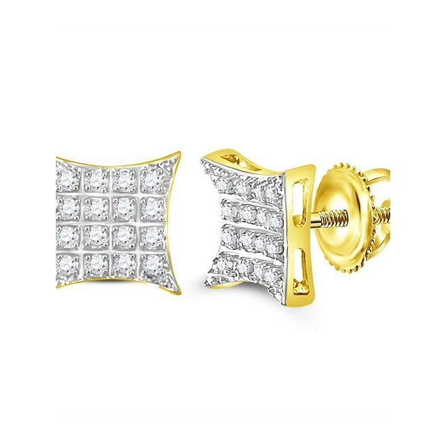 Boucles d'Oreilles Clous pour Homme en Or Jaune 10 Kt, Cerf-Volant Rond en Diamants, Grappe Carrée, 1/10 Cttw