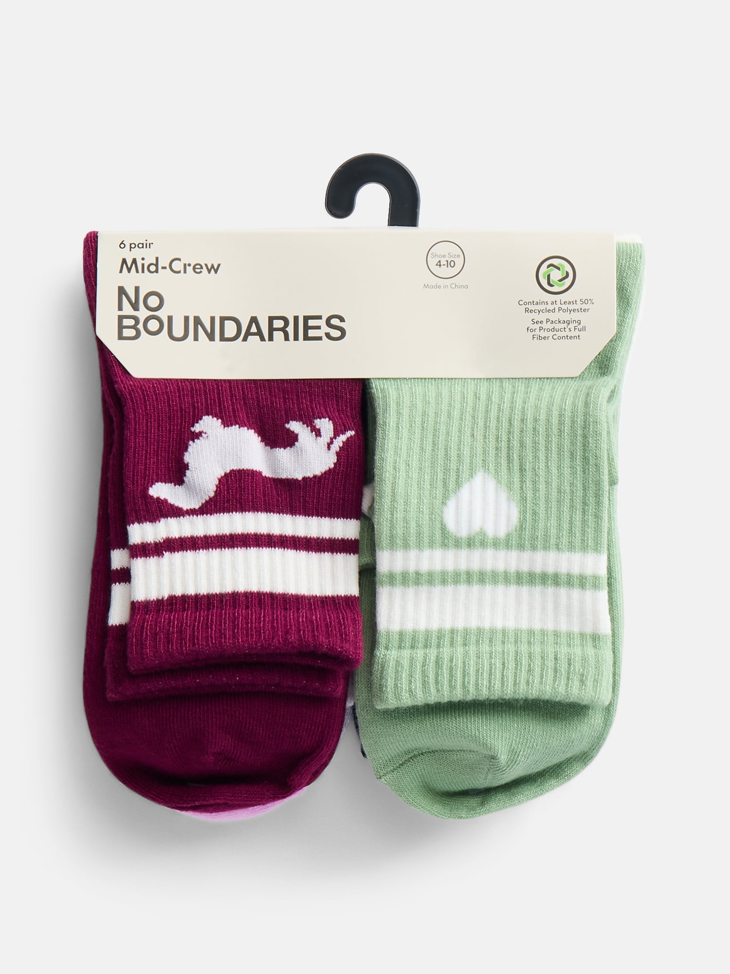 No Boundaries Women's Ribbed Mid Crew Socks, 6 Pack, Shoe Sizes 4-10