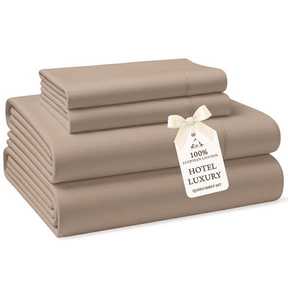 Casa Platino Bed Set Queen Size – 100% Egyptian Cotton Bedding Sheets, Luxury Silky Hotel Sateen Finish, Deep 15” Pocket, Easy to Wash – Taupe