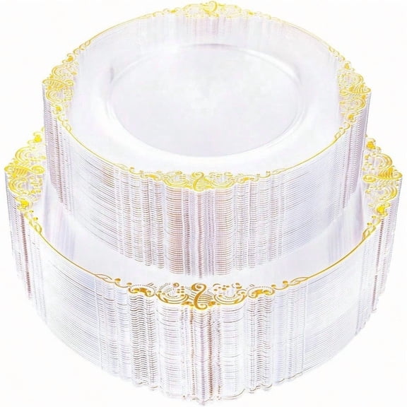 102PCS Clear Gold Plastic Plates - Clear Disposable Plates with Gold Rim - Clear Party Plate Include 51PCS Dert Plates 51PCS Dinner Plate for Weddings New Year Parties