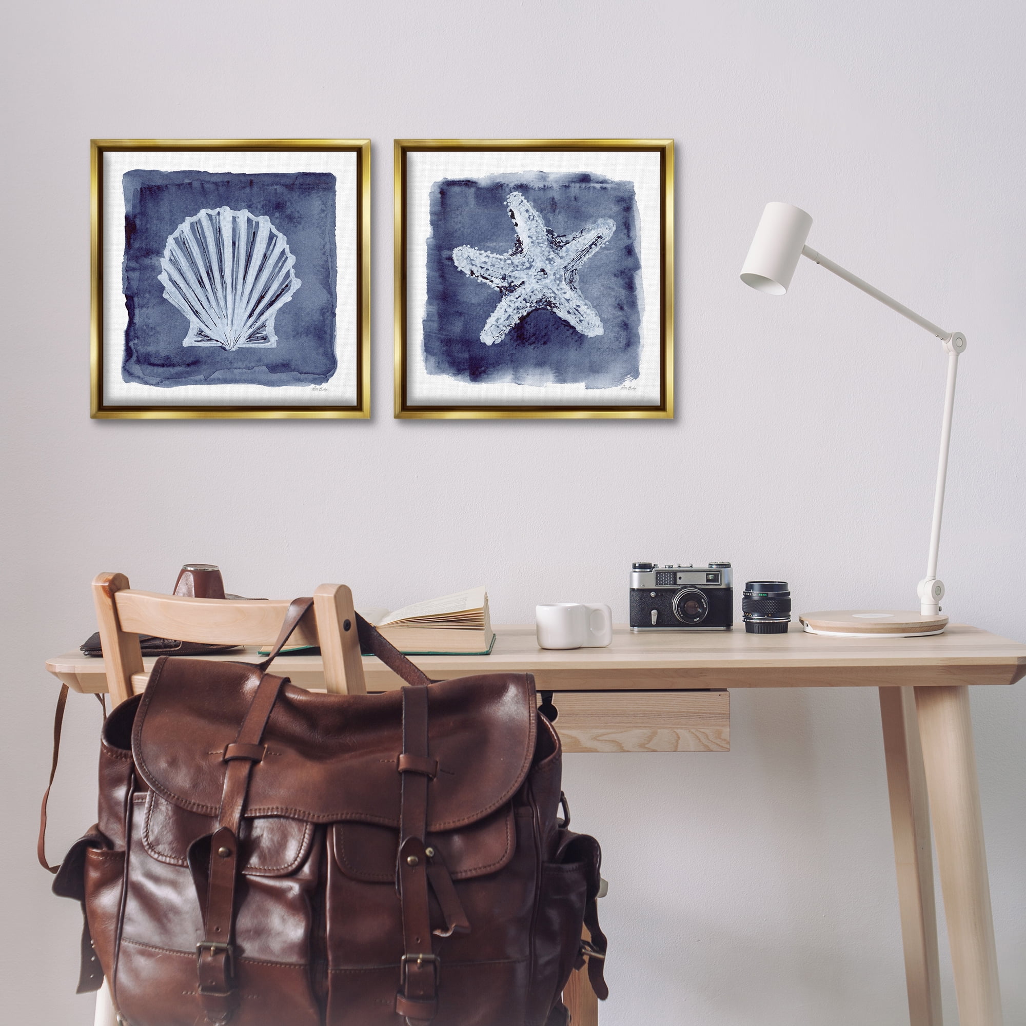 Stupell Industries Shell & Starfish Impressions Nautical & Beach Painting Gold Floater Framed Canvas Art Print Wall Art, 18 x 18, Set of 2