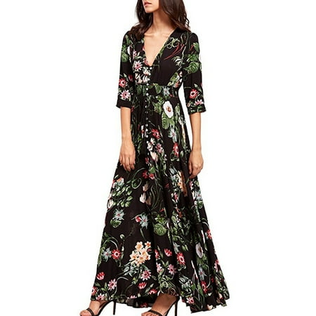 UKAP Women's Floral Maxi Dresses Vintage Summer Short Sleeve Boho Button Up Split Flowy Beach Party Dress (Best Characters To Dress Up As)