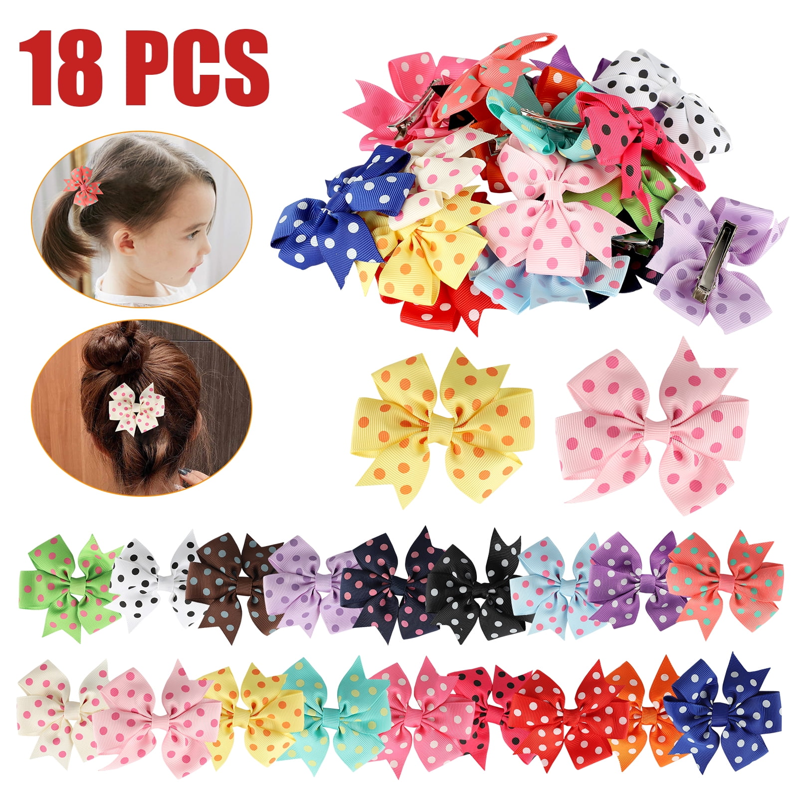 TSV 18Pcs Grosgrain Ribbon Hair Clips Bows, 3 Inch Mini Hair Bows with