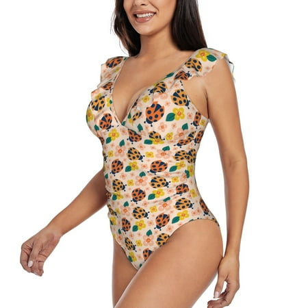 KLL ladybug and flower for Women s Ruffled One Piece Swimsuit Tummy Control Bathing Suit V Neck Swimwear