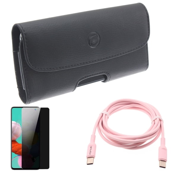 Pink 6ft Long Cable & Case Belt Clip & Privacy Screen Protector for Samsung Galaxy S20 Fan Edition - USB-C to Type-C PD Fast Charger   Leather Holster   Tempered Glass Anti-Spy Combo