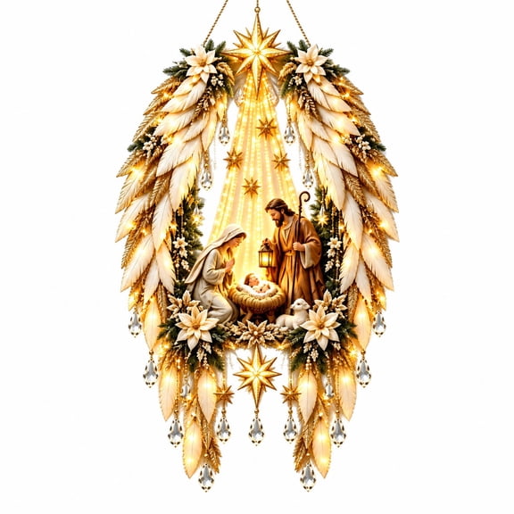 Rysoverian Lighted Nativity Christmas Wall Decor, Holy Family Manger Hanging with Warm LED Lights and Bethlehem Star Decoration