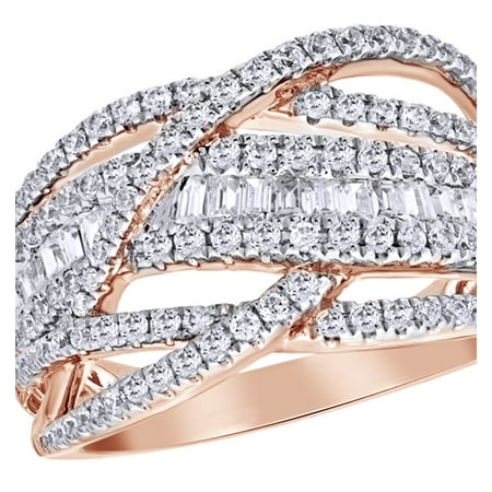 Round & Baguette Shape White Natural Diamond Loose Braid Ring in 10K Rose Gold (1 cttw)