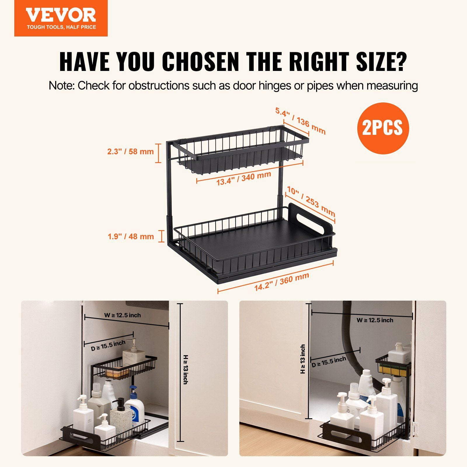 2 Tier Pull Out Cabinet Organizer Under Sink Storage Slide Out Drawer Wire Basket Sliding Shelf 10.7W x 14.2D x 13H Install Size