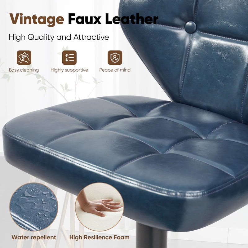 Hawsaiy Vintage Style Leather Bar Stool Set of 4 with Button-Tufted Design,Blue