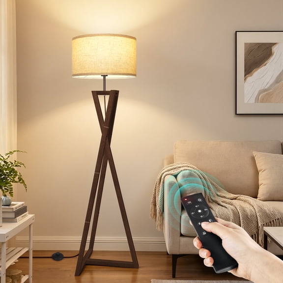 OUTON Wood Tripod Floor Lamp with Shelves, Dimmable Standing Lamps with Remote Control, Modern Shelf Floor Lamp for Living Room, Bedroom, Office, LED Bulbs Included, Black