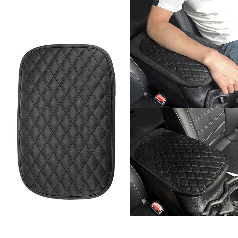 Black Car Armrest Cushion Cover | Synthetic Leather Center Console Box Pad | Universal