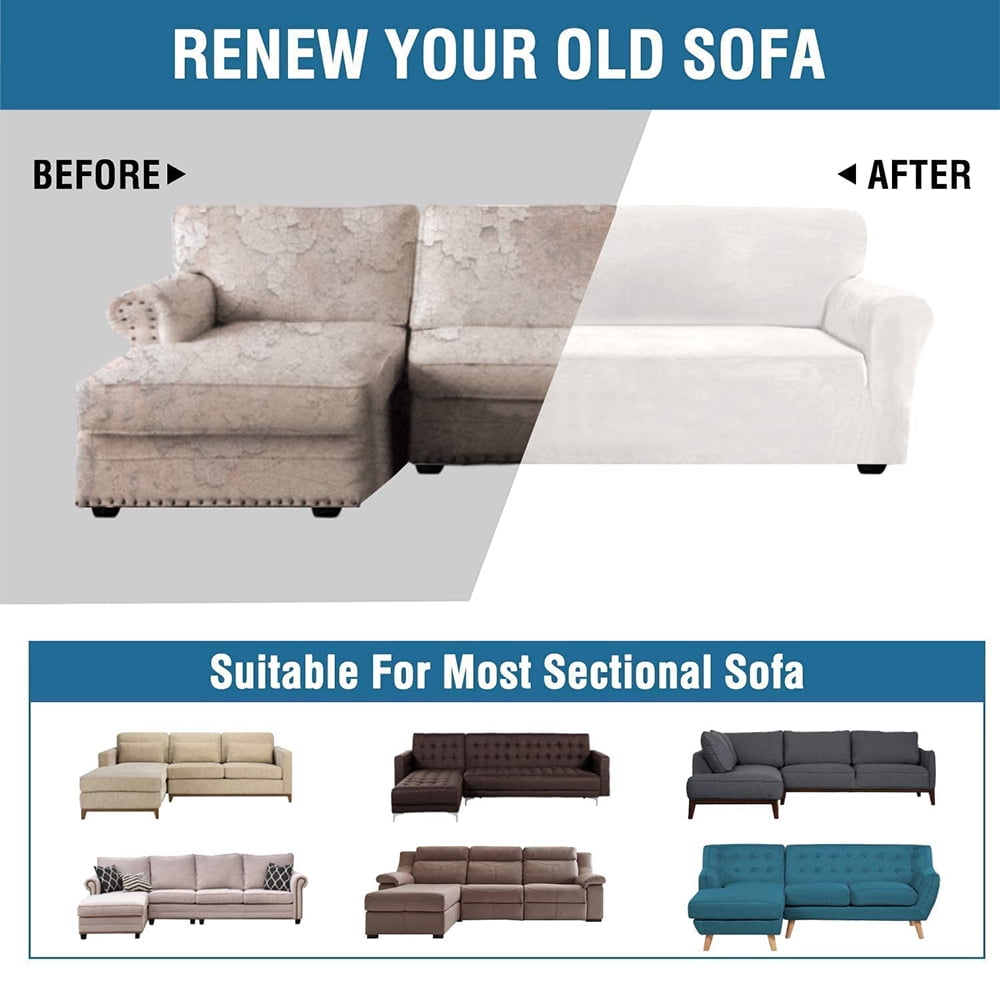 SHANNA Sectional Sofa Slipcovers Thick Velvet L Shape Couch Covers, 2Pcs Stretch Anti-Slip Sofa Covers 3 Seater + 3 Seaters Chaise Cover Furniture Protector,Beige