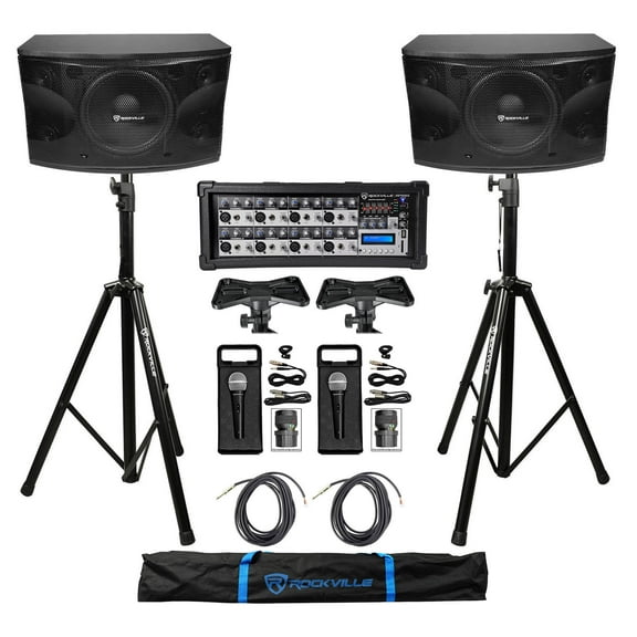 2) Rockville KPS12 12" 3-Way 1600w Karaoke Speakers Mixer Tripod Stands (2) Mics